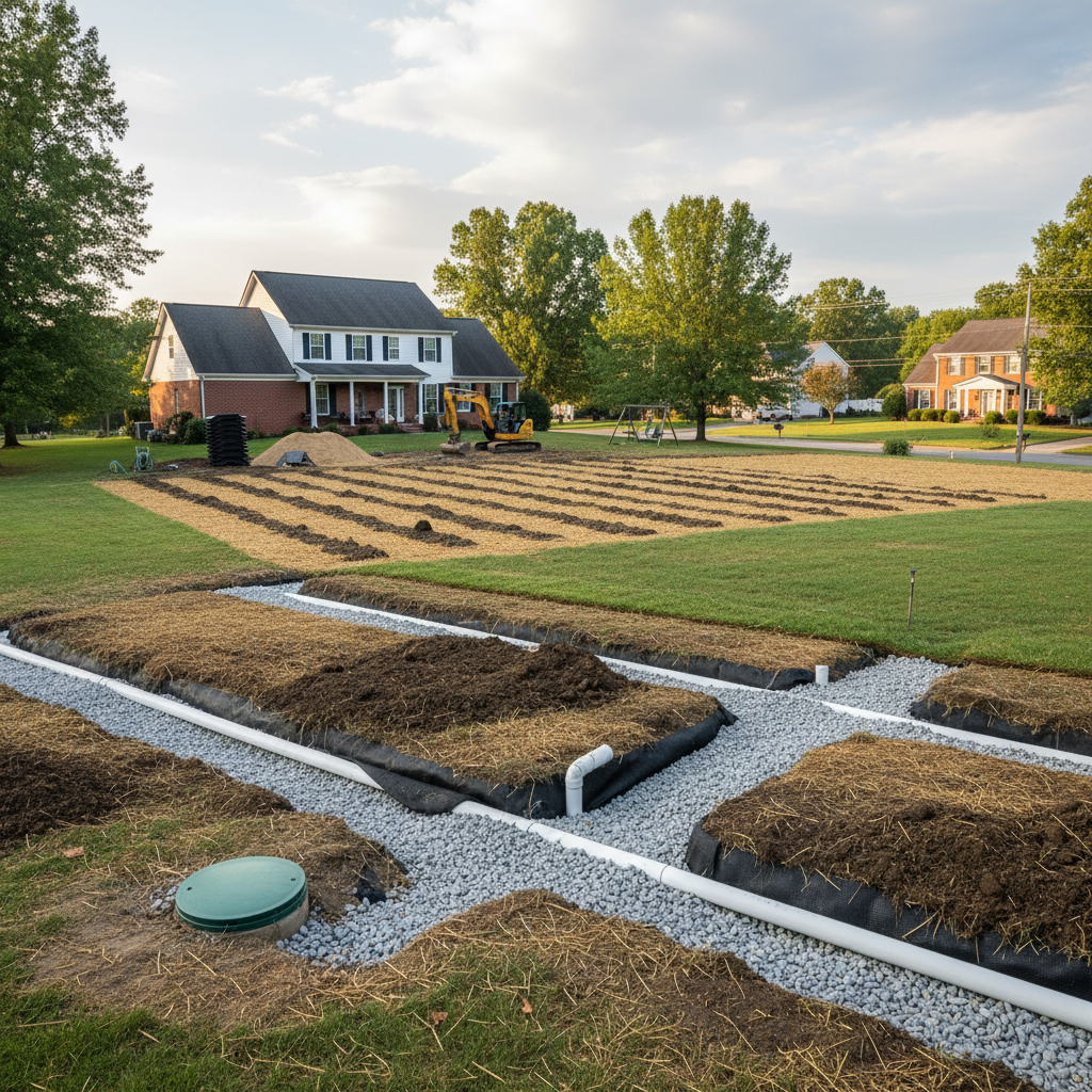 Close-up detail of new piping and gravel during a septic drainfield repair in Fredericksburg, VA.