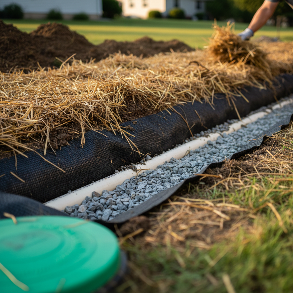 Close-up detail of new piping and gravel during a septic drainfield repair in Fredericksburg, VA.
