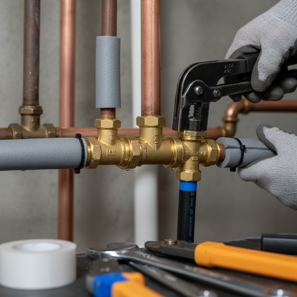 Close-up detail of pipe repair craftsmanship and new plumbing connections in Fredericksburg, VA.