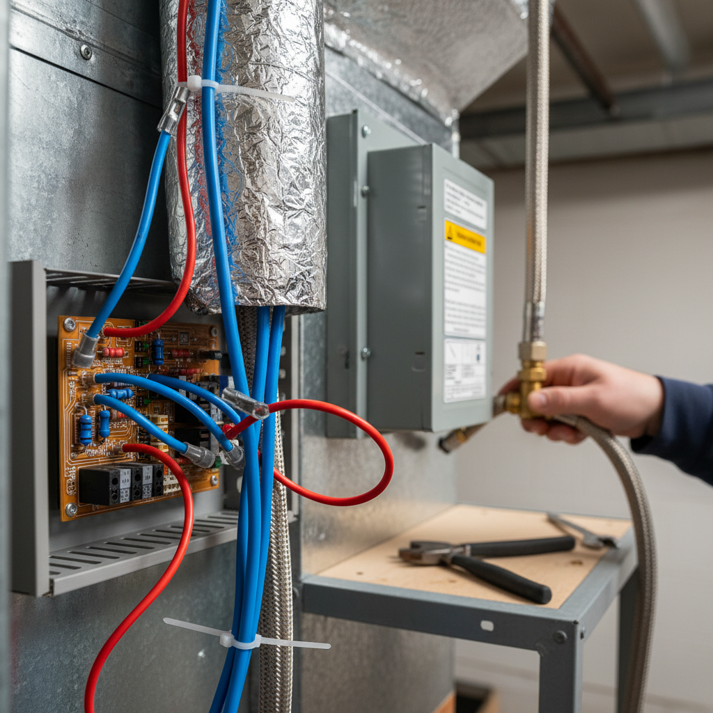 Close-up detail of wiring and components during an electric furnace installation in Fredericksburg.