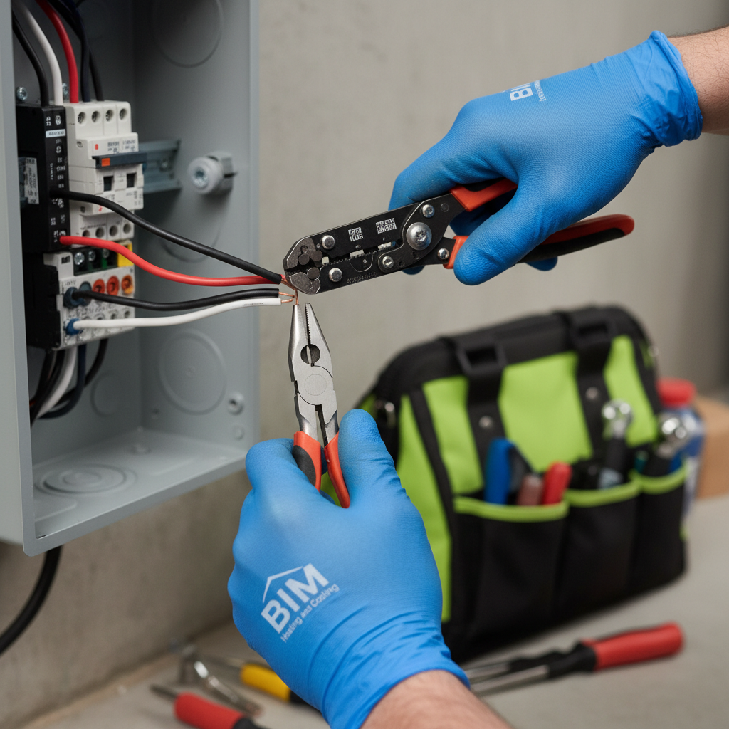 Close-up of a BIM Heating and Cooling technician performing detailed wiring repair in Fredericksburg, VA.