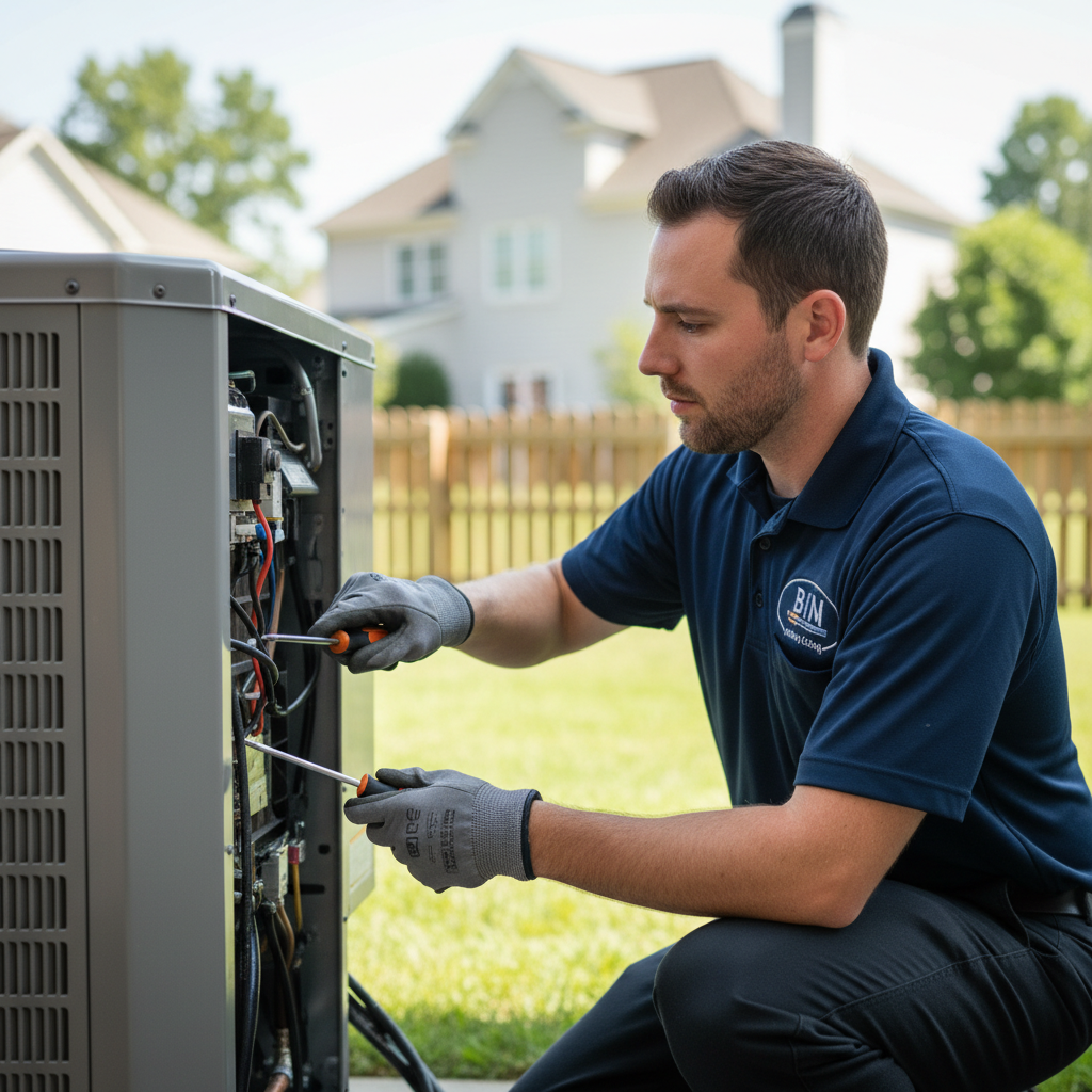 Close-up of a BIM Heating and Cooling technician working on an outdoor AC unit in Fredericksburg, Virginia.