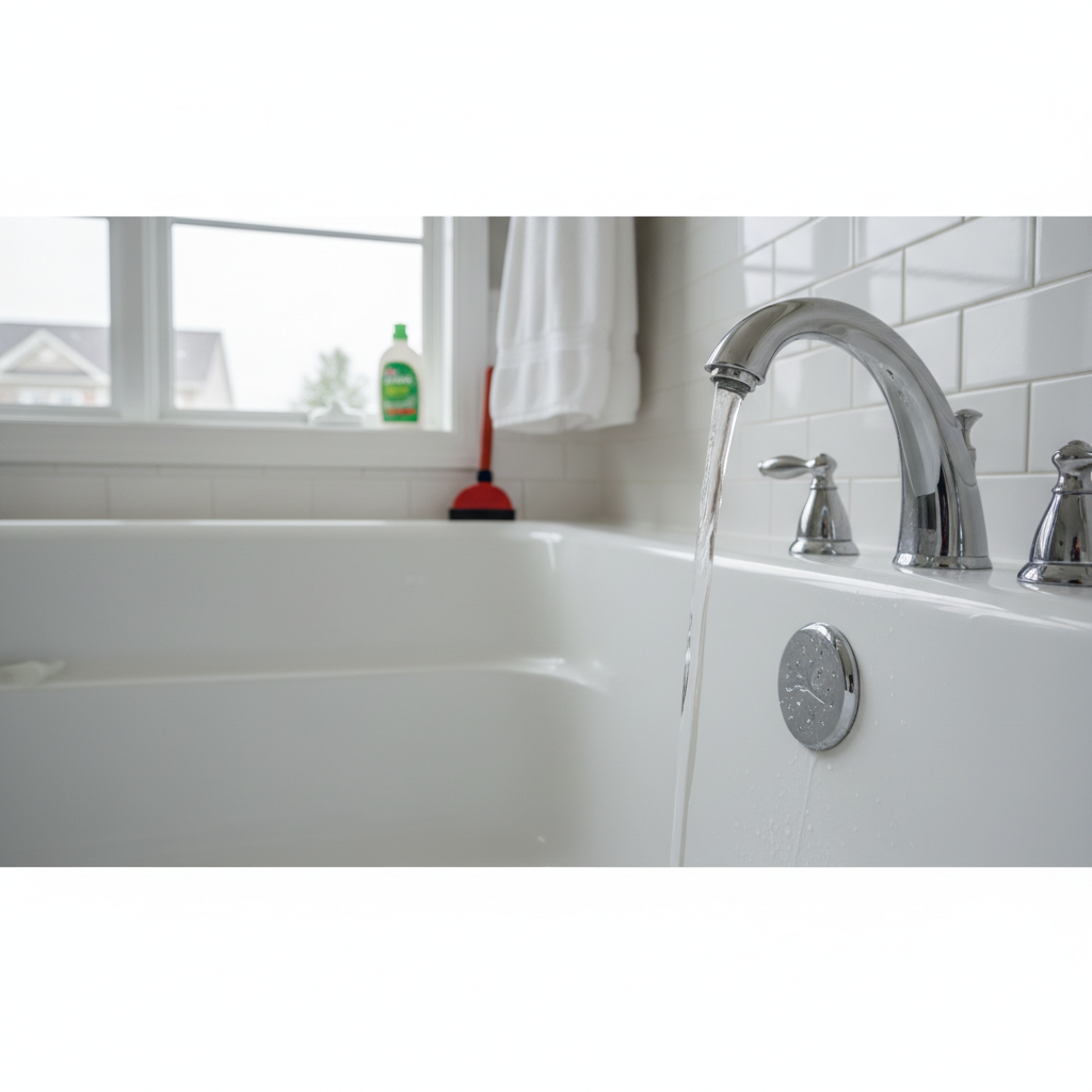 Close-up of a clean bathtub faucet with running water after professional bathroom drain cleaning in Fredericksburg.