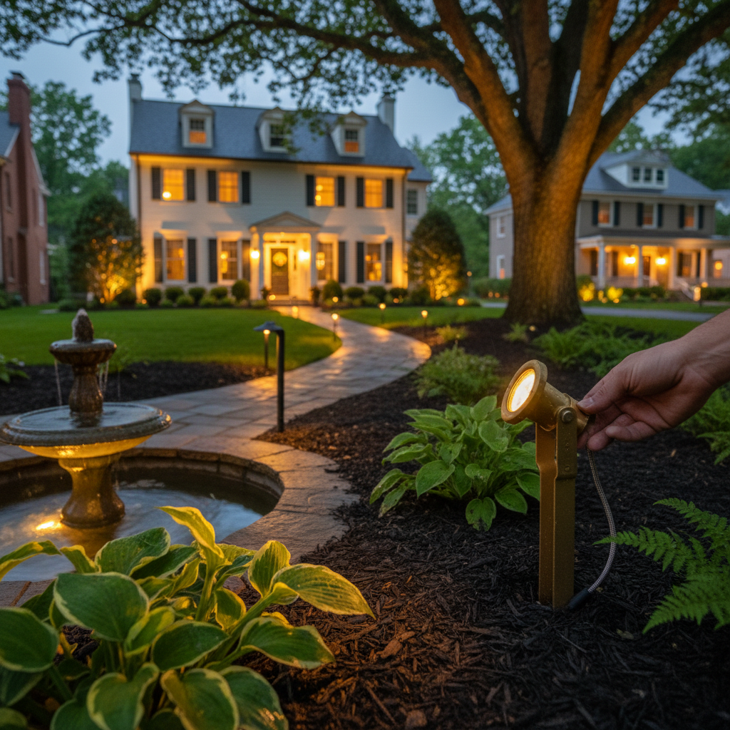 Close-up of a lighting contractor installing brass landscape lighting fixtures near a walkway in Fredericksburg, VA.