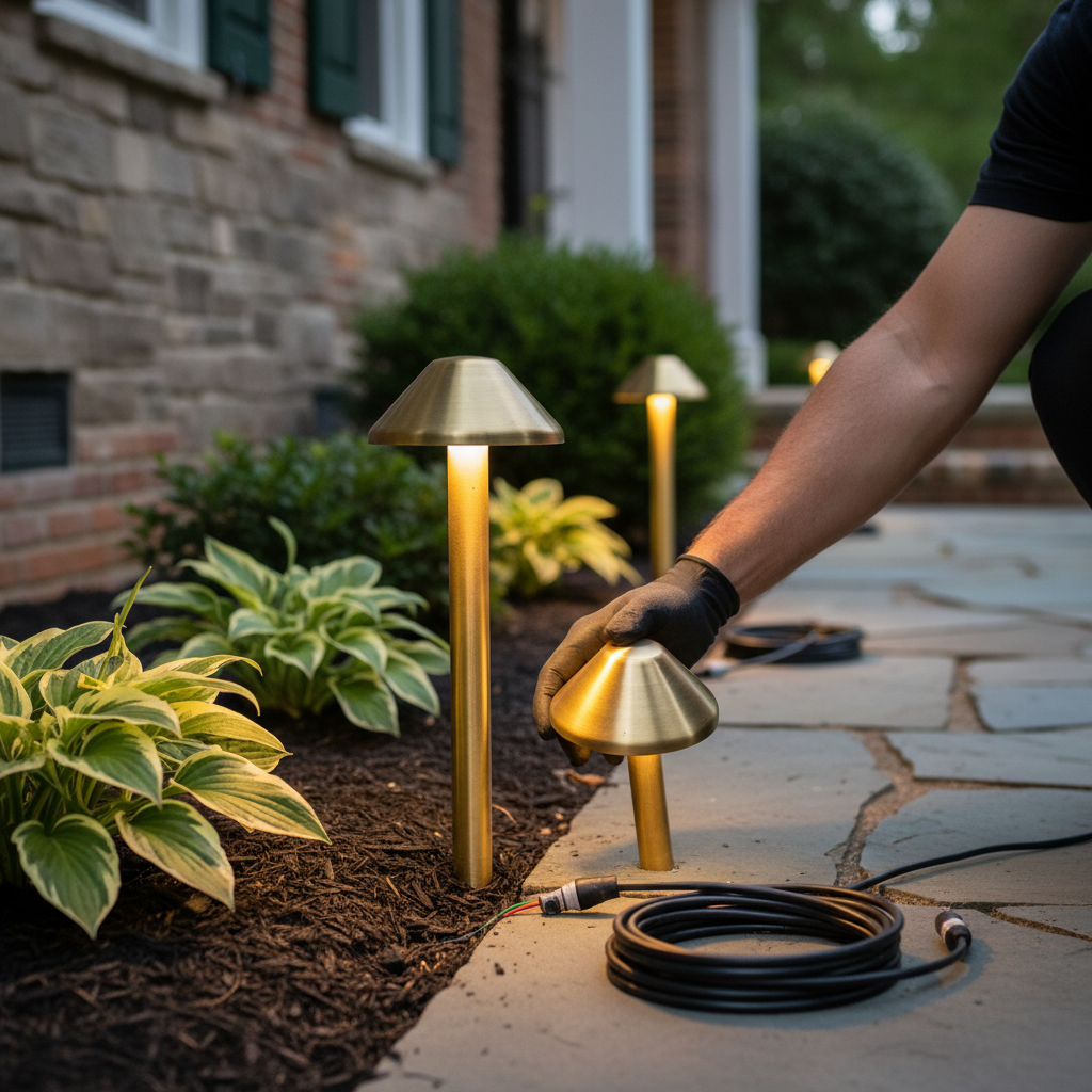 Close-up of a lighting contractor installing brass landscape lighting fixtures near a walkway in Fredericksburg, VA.