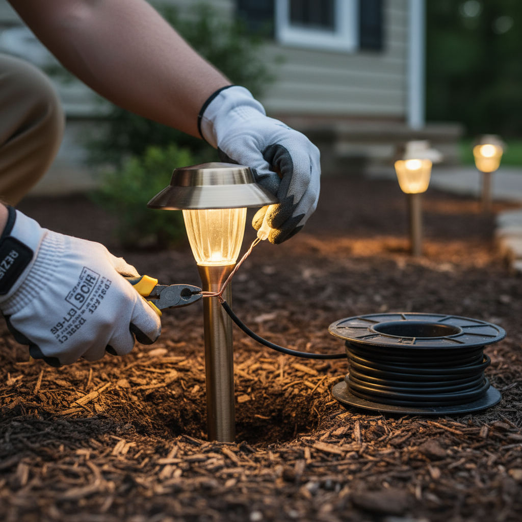 Close-up of a lighting contractor installing wiring for outdoor landscape lighting in Fredericksburg, VA.