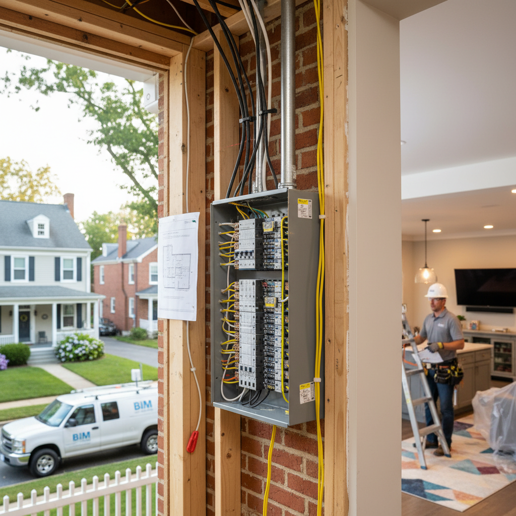 Close-up of a neatly installed new electrical panel and wiring during a home rewiring service in Fredericksburg.
