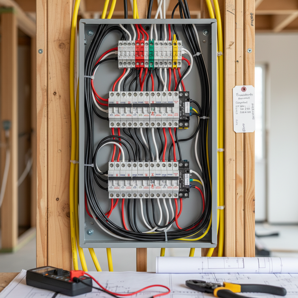 Close-up of a neatly installed new electrical panel and wiring during a home rewiring service in Fredericksburg.