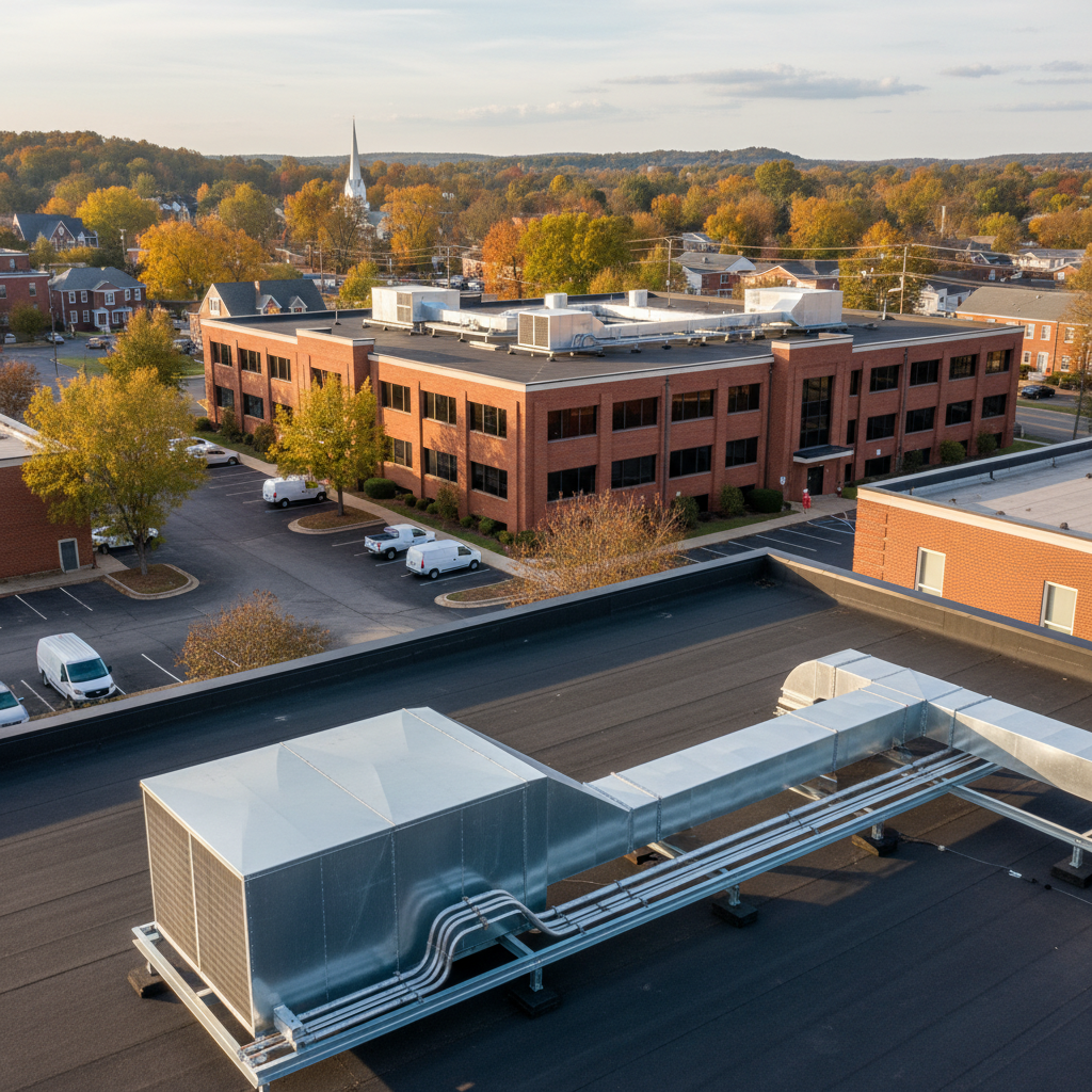 Close-up of a new commercial heating unit and ductwork on a rooftop in Fredericksburg, VA.