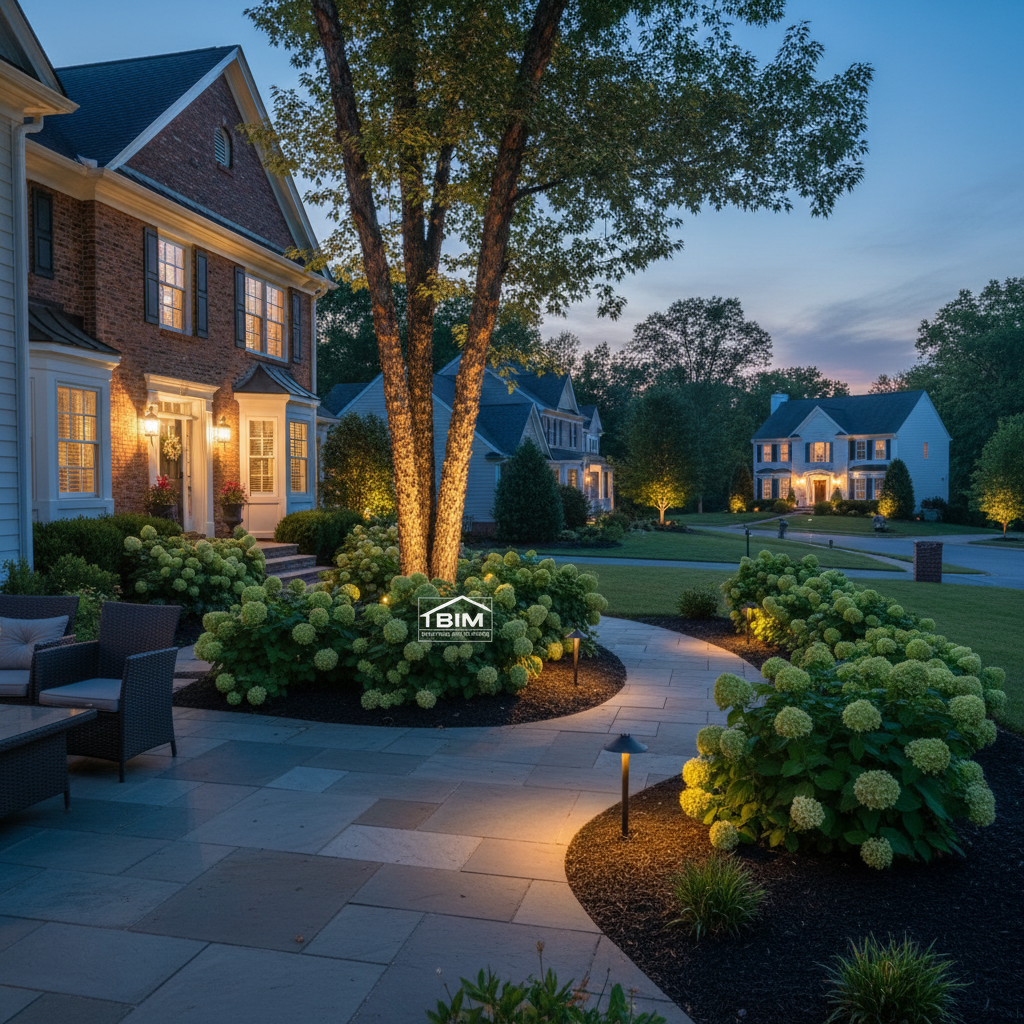Close-up of a new landscape lighting fixture during installation in Fredericksburg, Virginia.