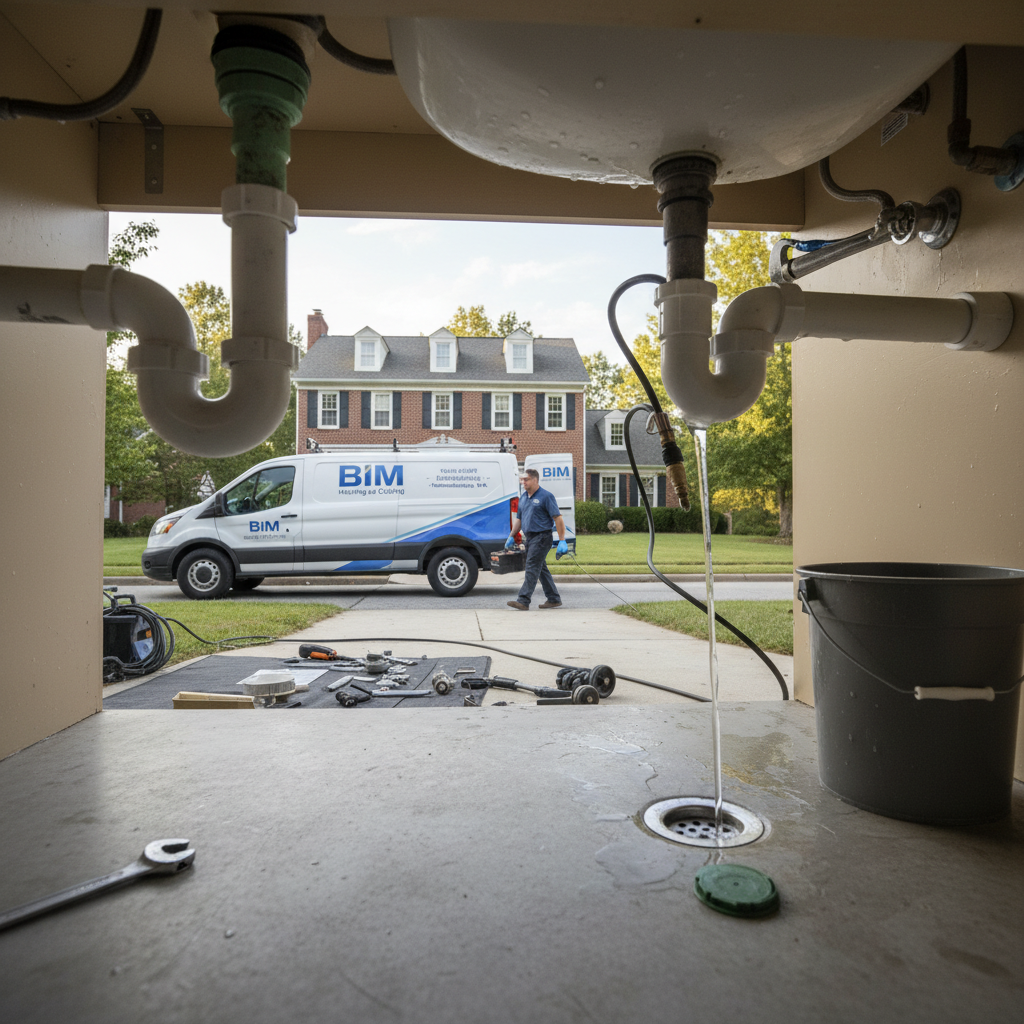 Close-up of a plumber clearing a clogged drain with a snake in a Fredericksburg, VA bathroom.