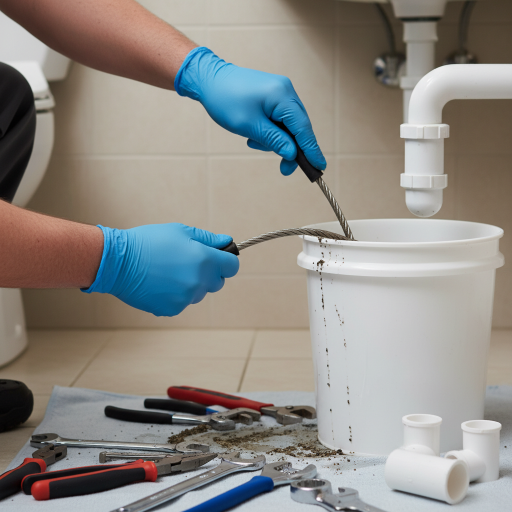 Close-up of a plumber clearing a clogged drain with a snake in a Fredericksburg, VA bathroom.