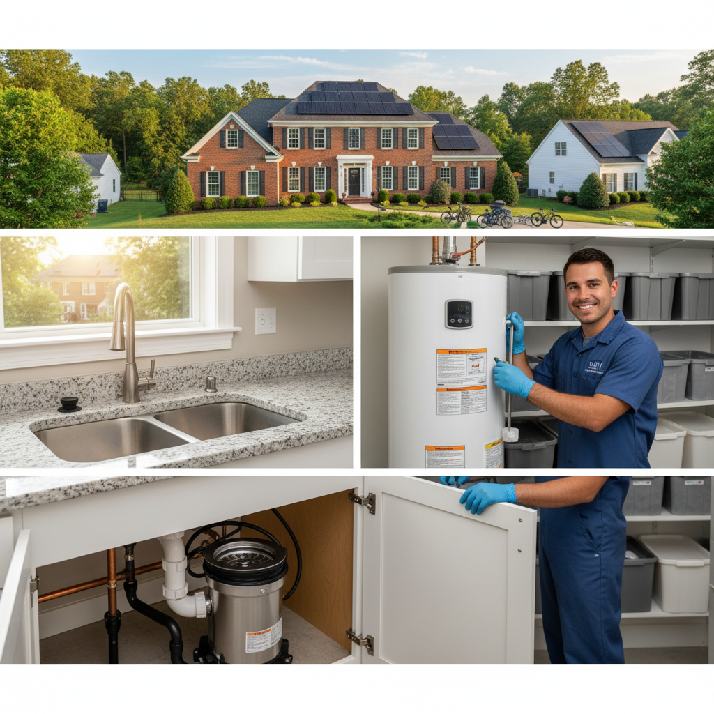 Close-up of a plumber's hand adjusting a new garbage disposal during installation in Fredericksburg, VA.