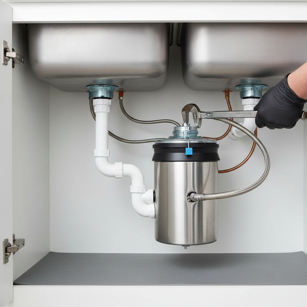 Close-up of a plumber's hand adjusting a new garbage disposal during installation in Fredericksburg, VA.