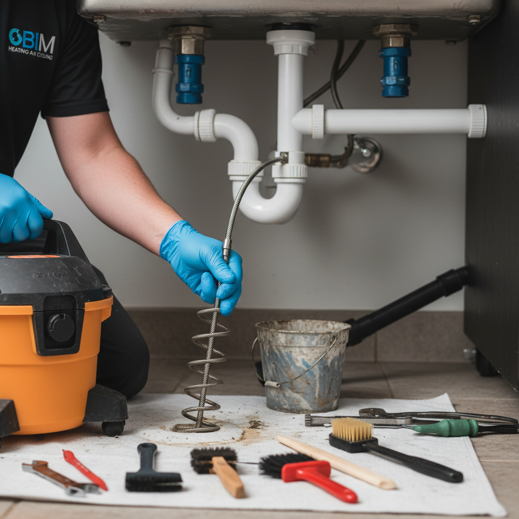 Close-up of a plumber's hands holding drain cleaning tools during kitchen drain service in Fredericksburg.