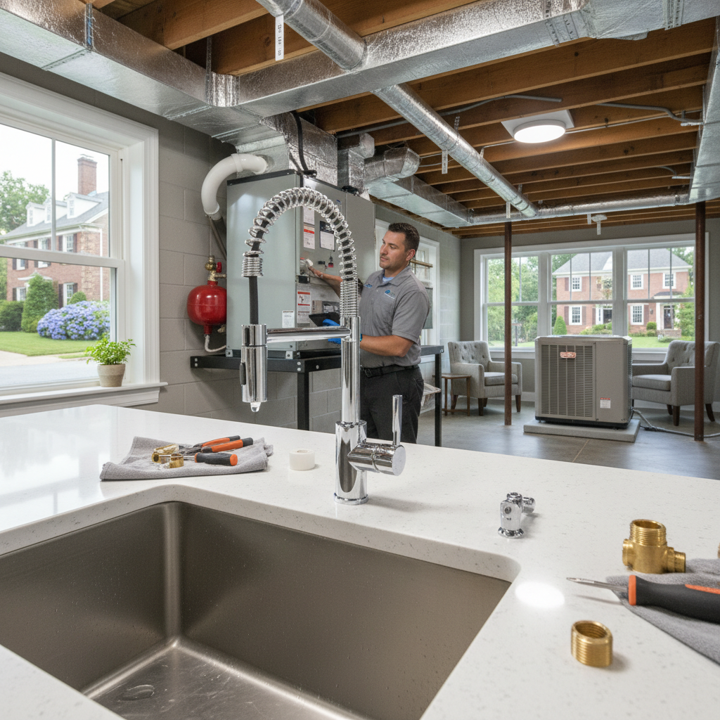 Close-up of a plumber's hands in blue gloves performing faucet repair in Fredericksburg, VA.