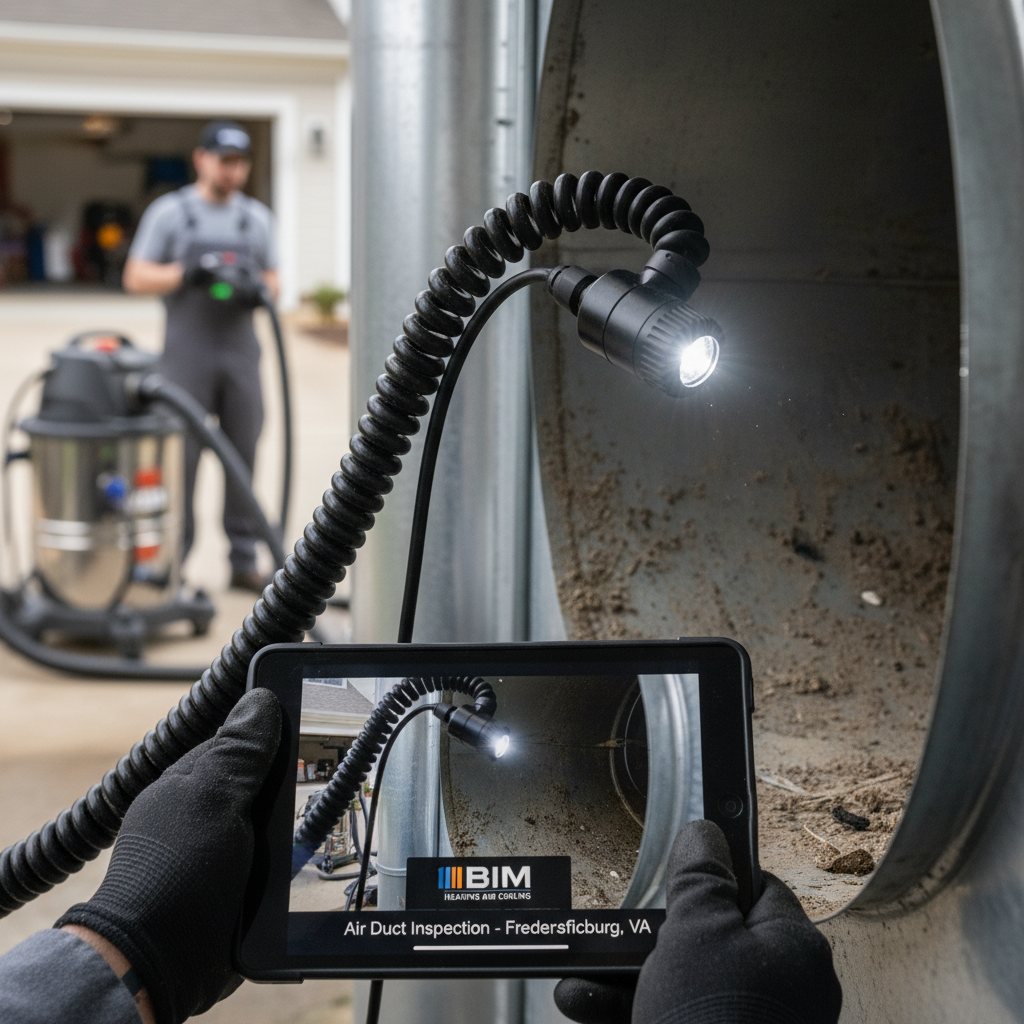 Close-up of a specialized camera used for detailed air duct inspection in Fredericksburg, VA homes.