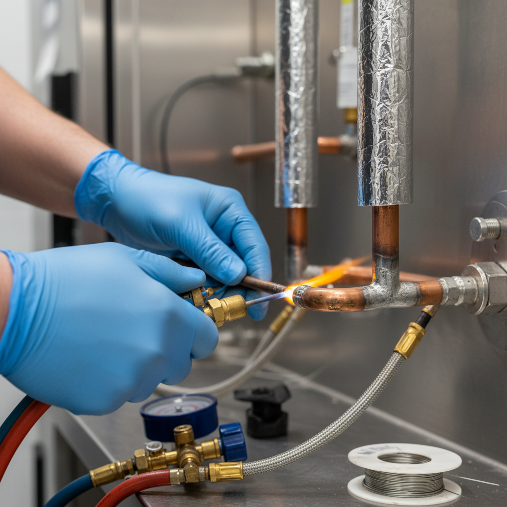Close-up of a technician brazing copper lines during commercial refrigeration service in Fredericksburg.