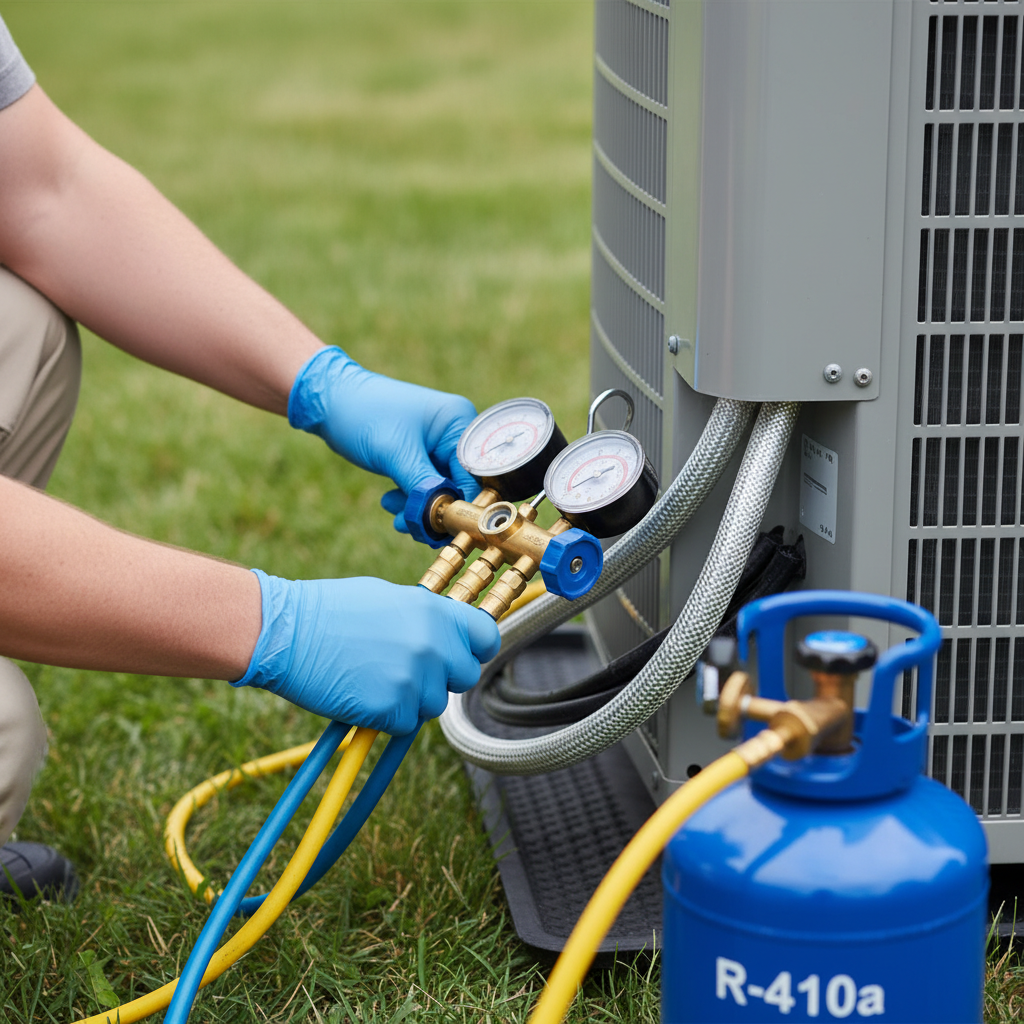 Close-up of a technician connecting gauges for an AC refrigerant recharge service in Fredericksburg.