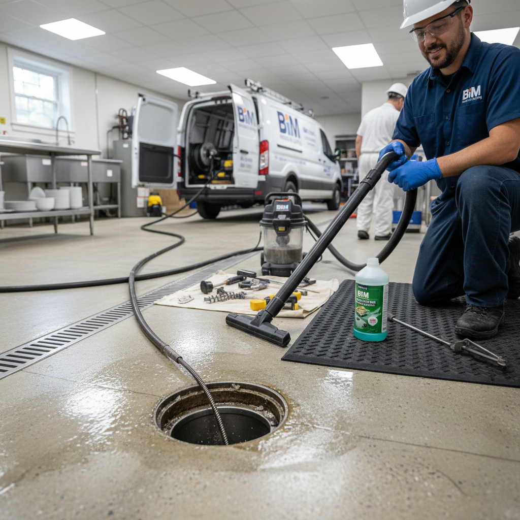 Close-up of a technician from BIM Heating and Cooling using a snake for floor drain cleaning in Fredericksburg, VA.