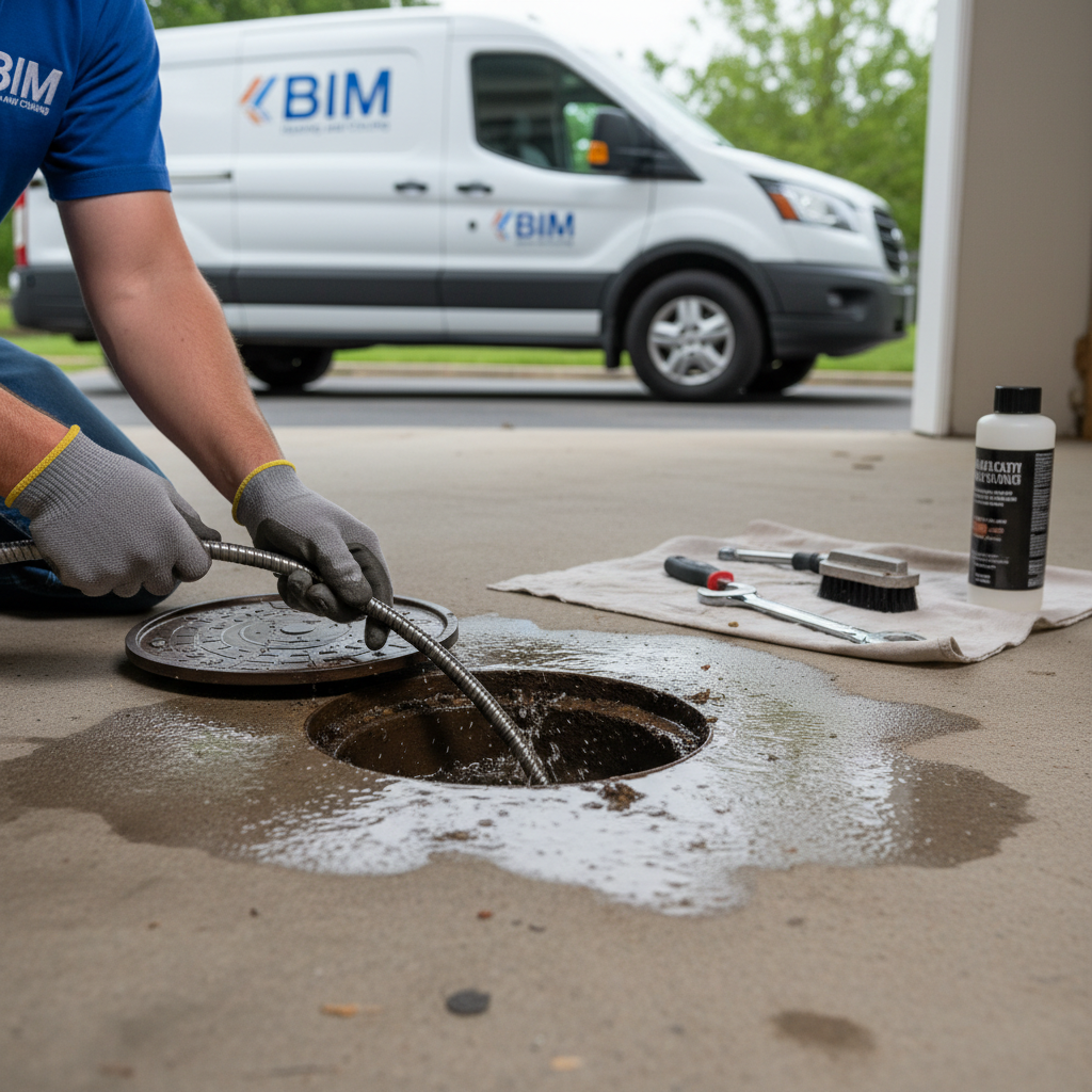 Close-up of a technician from BIM Heating and Cooling using a snake for floor drain cleaning in Fredericksburg, VA.
