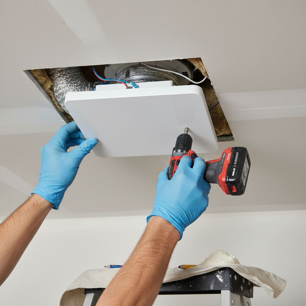 Close-up of a technician installing a new bathroom exhaust fan in a Fredericksburg home, showing detail.