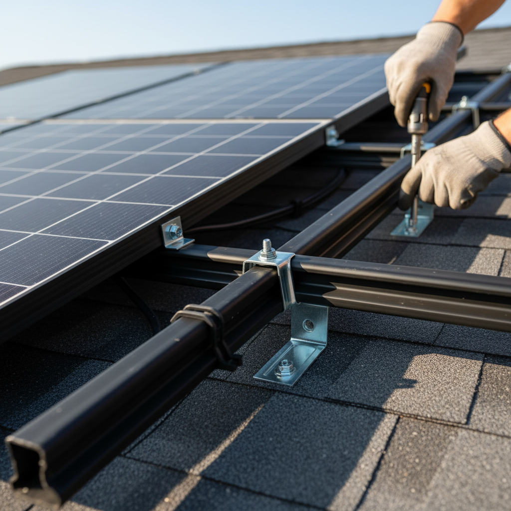 Close-up of a technician installing solar panels, showing mounting hardware and craftsmanship in Fredericksburg.