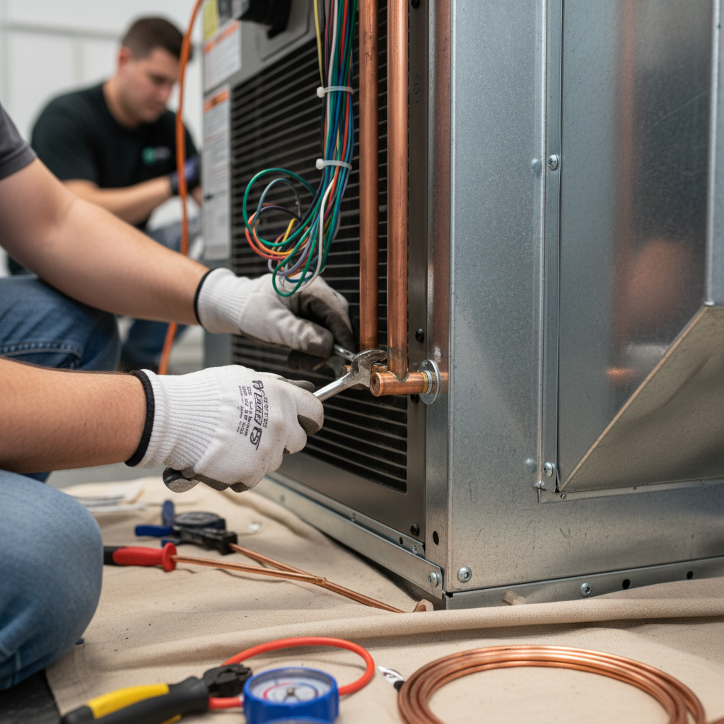 Close-up of a technician meticulously working on furnace installation details in Fredericksburg, VA, ensuring quality.