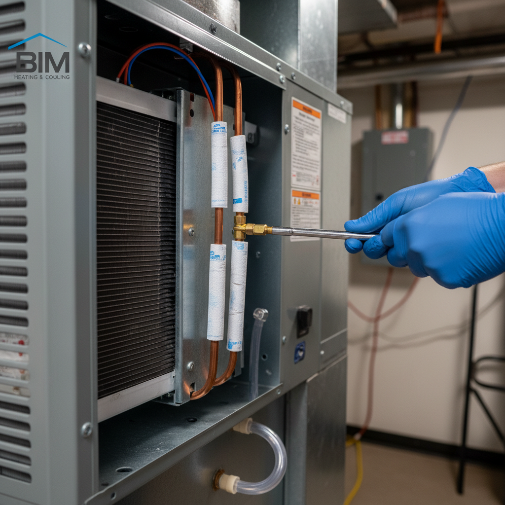 Close-up of a technician performing a central air conditioning installation, connecting copper lines in Fredericksburg, VA.