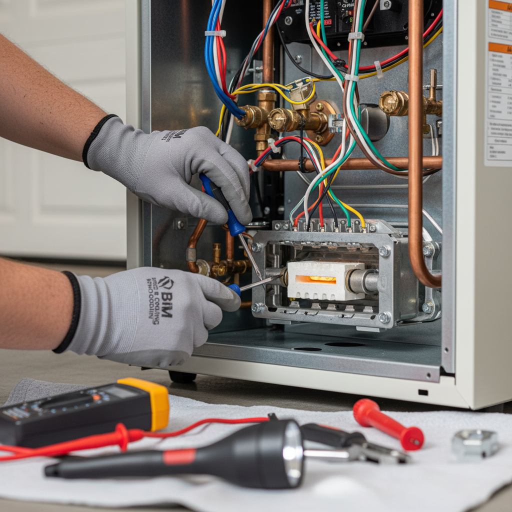 Close-up of a technician performing a detailed gas furnace repair in Fredericksburg, VA, showing internal components.