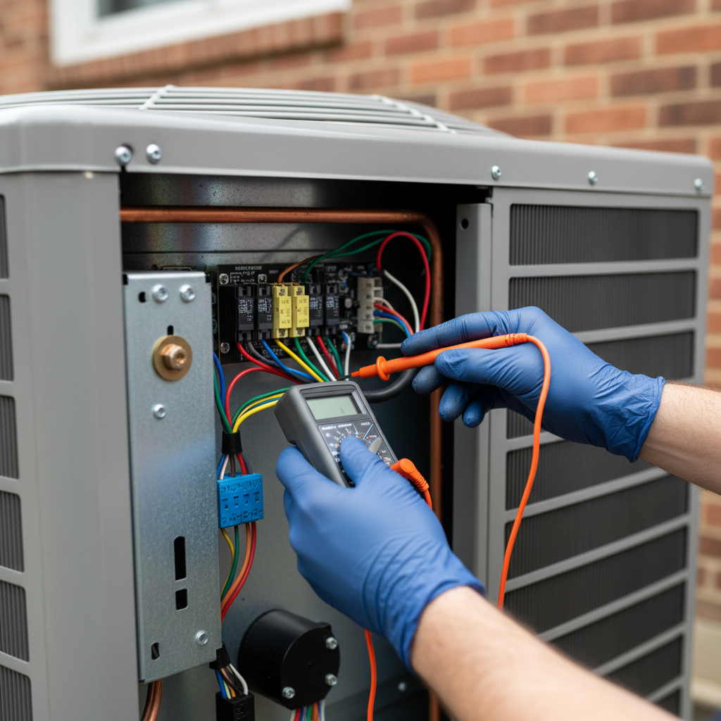 Close-up of a technician performing a detailed HVAC inspection, checking wiring and components in Fredericksburg.