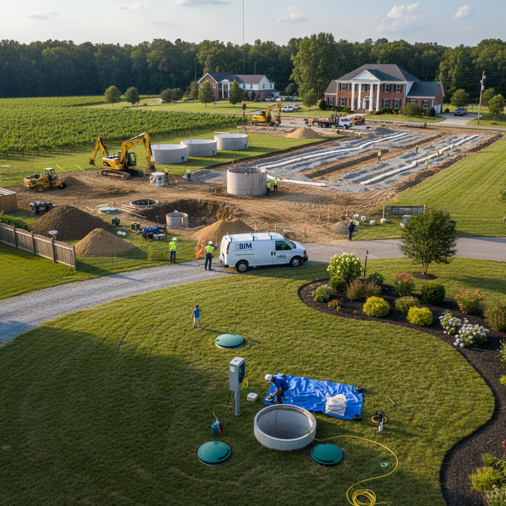 Close-up of a technician performing a detailed septic tank inspection in Fredericksburg, VA, with specialized equipment.