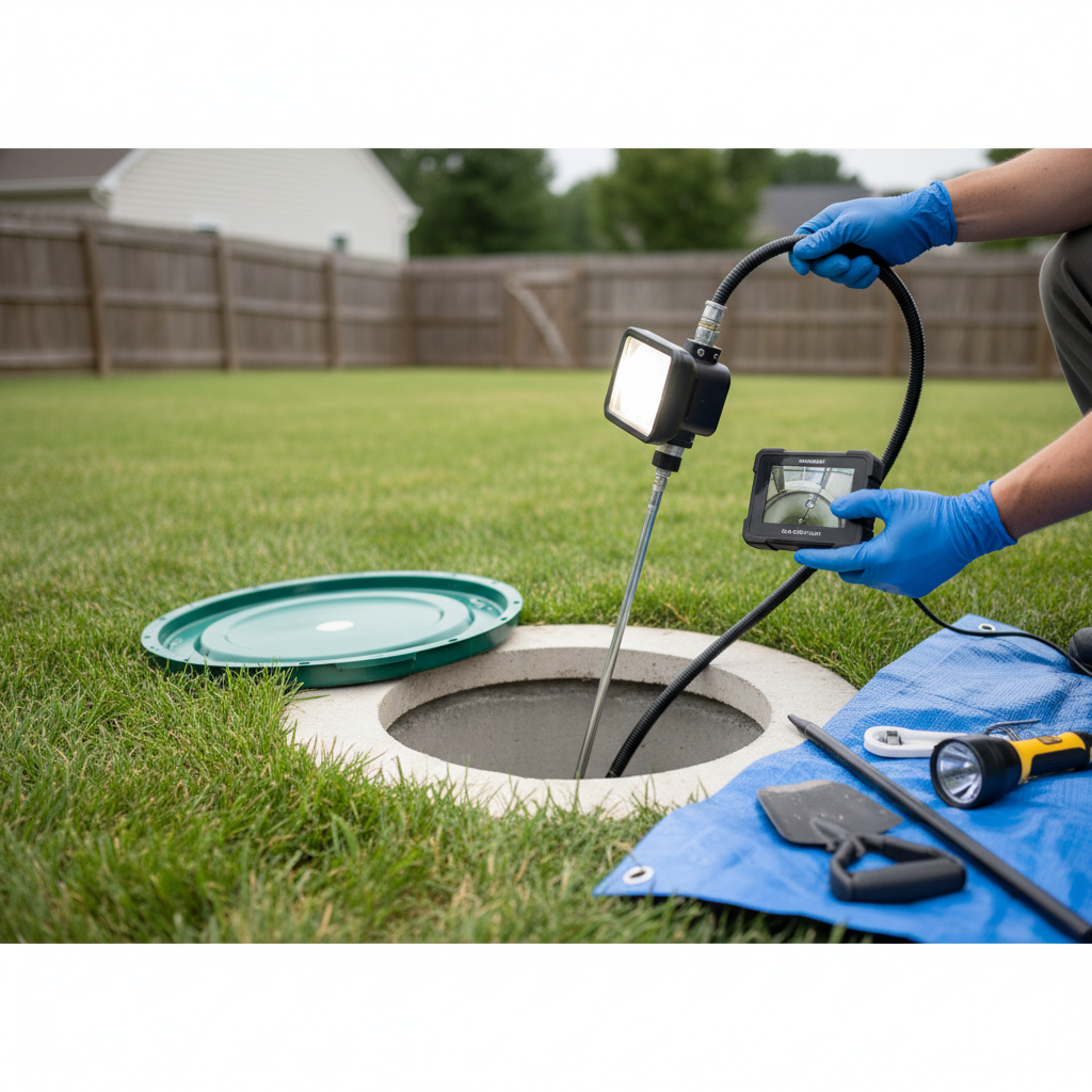 Close-up of a technician performing a detailed septic tank inspection in Fredericksburg, VA, with specialized equipment.