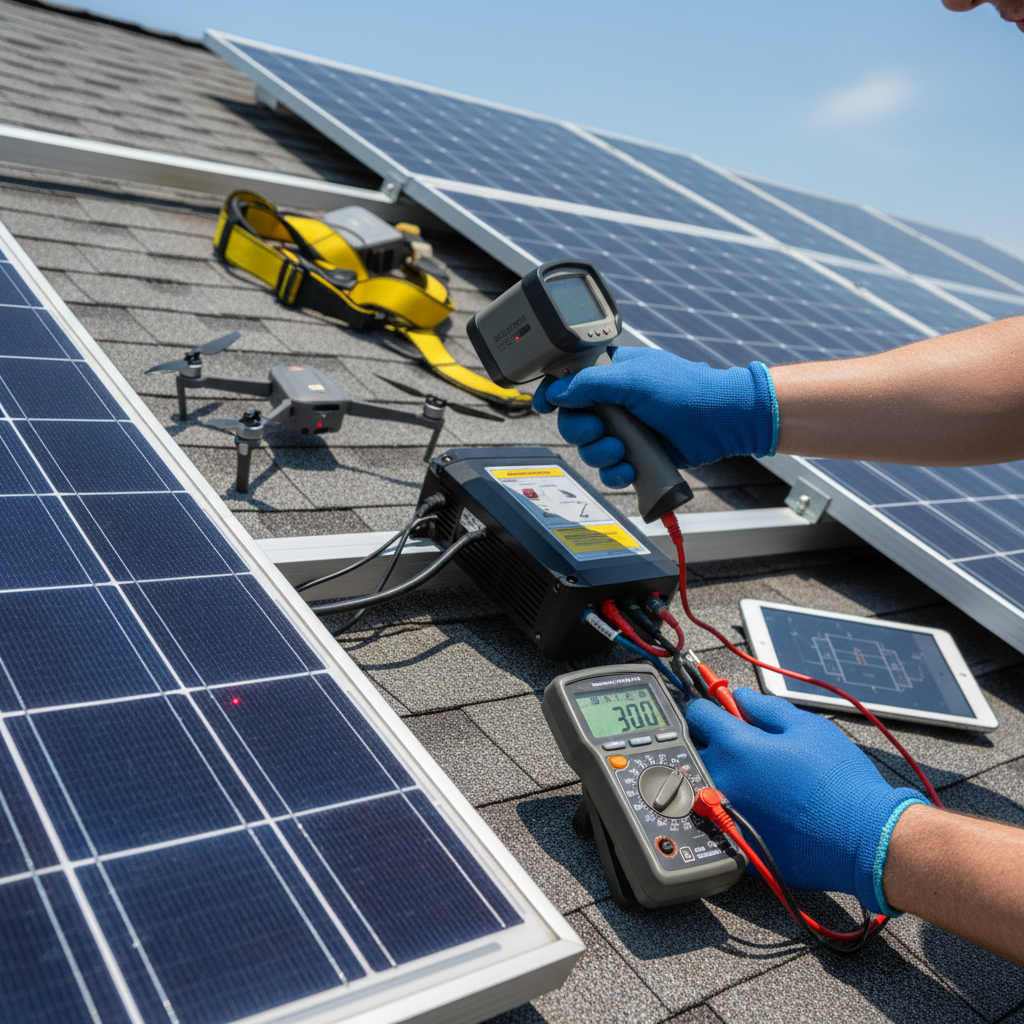 Close-up of a technician performing a detailed solar system inspection with diagnostic tools in Fredericksburg, VA.