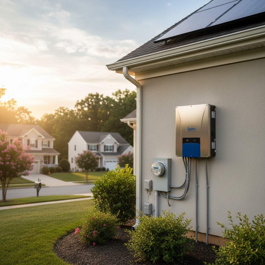Close-up of a technician performing a solar inverter replacement in Fredericksburg, VA, showing wiring and components.