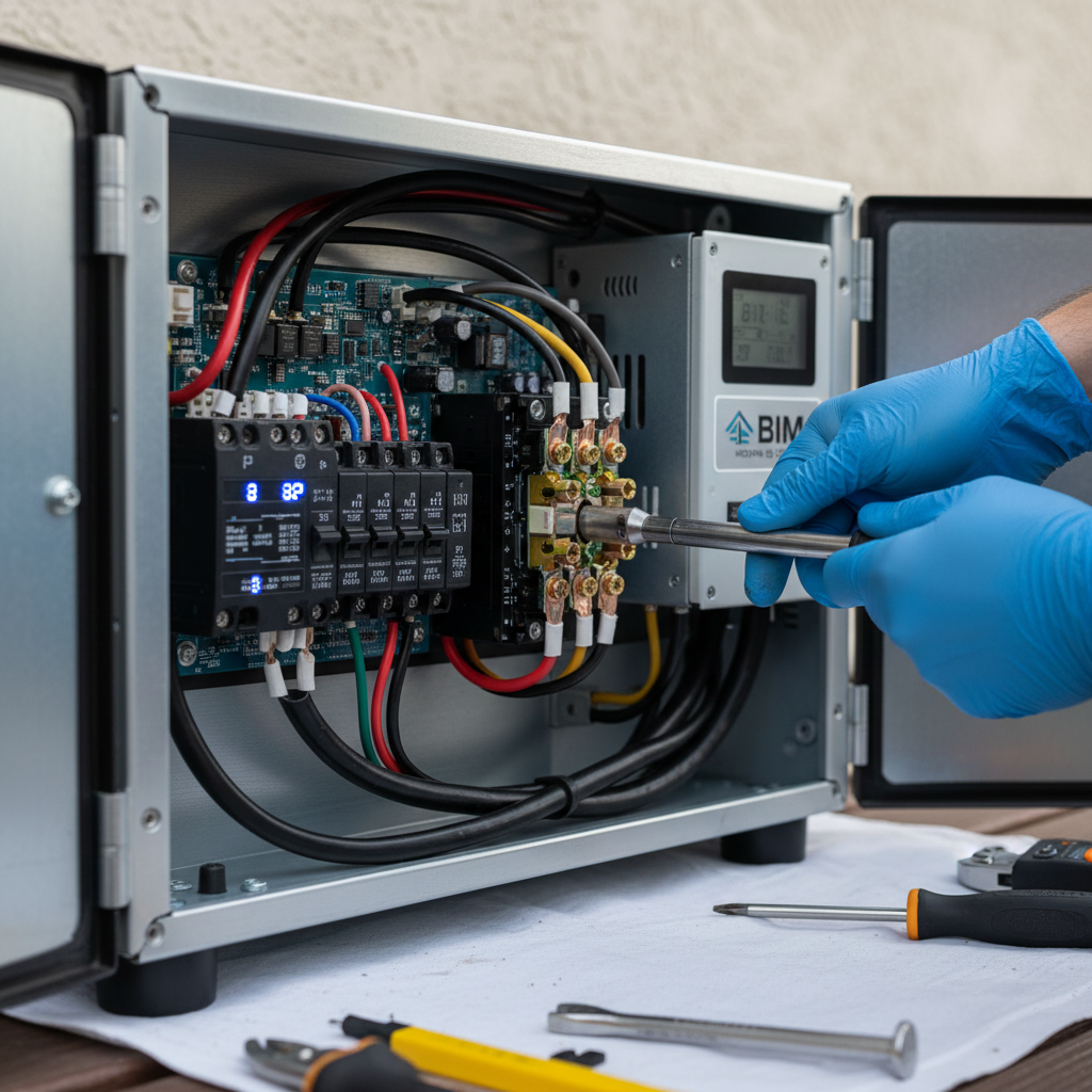 Close-up of a technician performing a solar inverter replacement in Fredericksburg, VA, showing wiring and components.