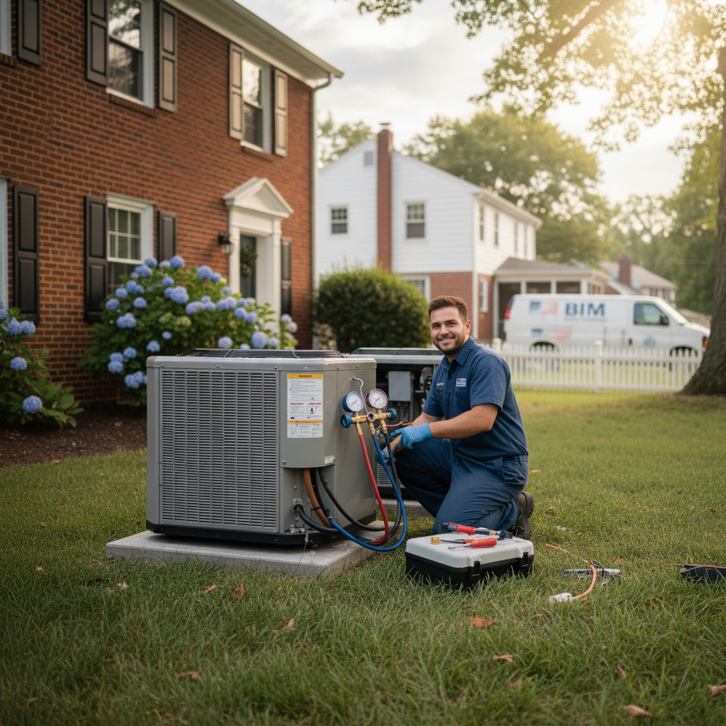 Close-up of a technician performing AC repair, adjusting gauges and hoses on an outdoor unit in Fredericksburg, VA.