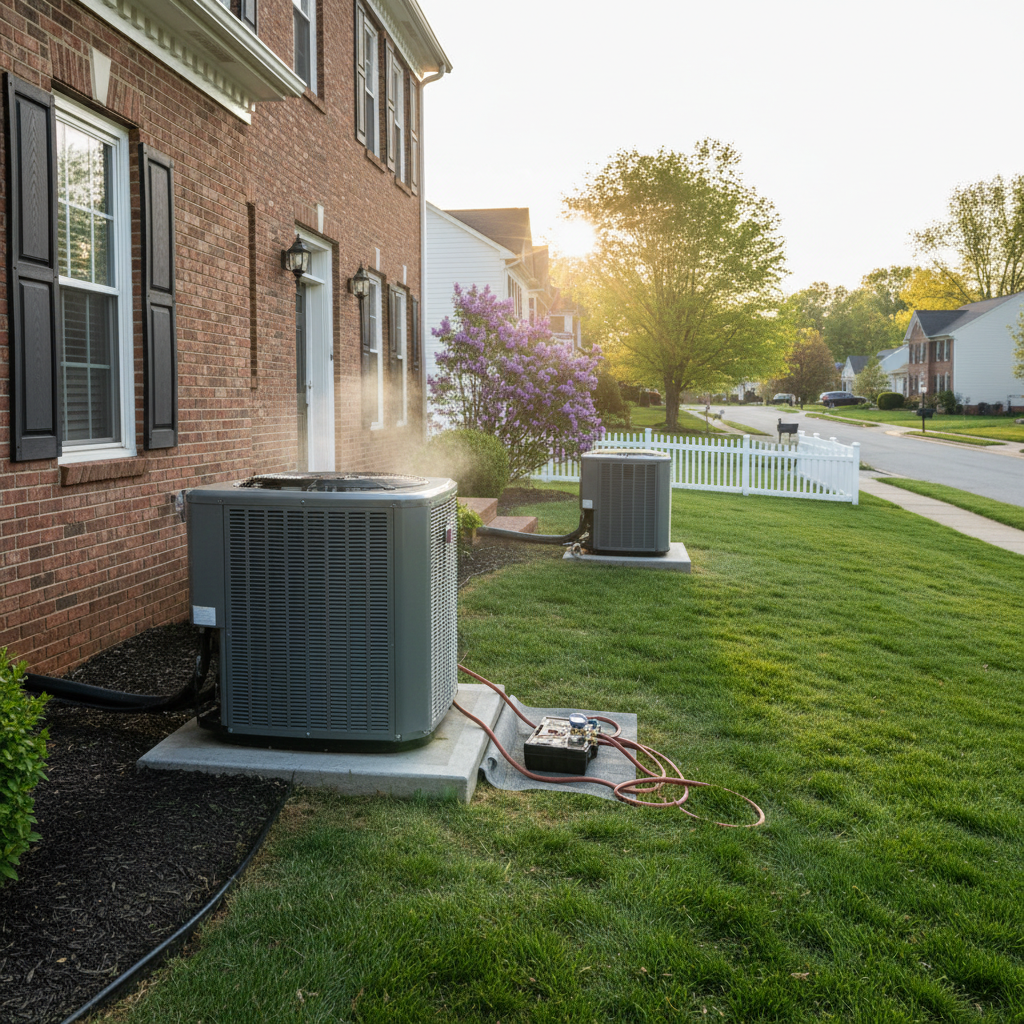 Close-up of a technician performing air conditioning repair service, adjusting components on an outdoor AC unit in Fredericksburg.