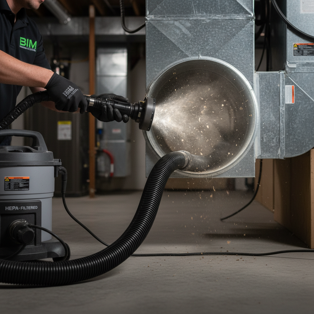 Close-up of a technician performing air duct cleaning with specialized equipment in Fredericksburg, VA.