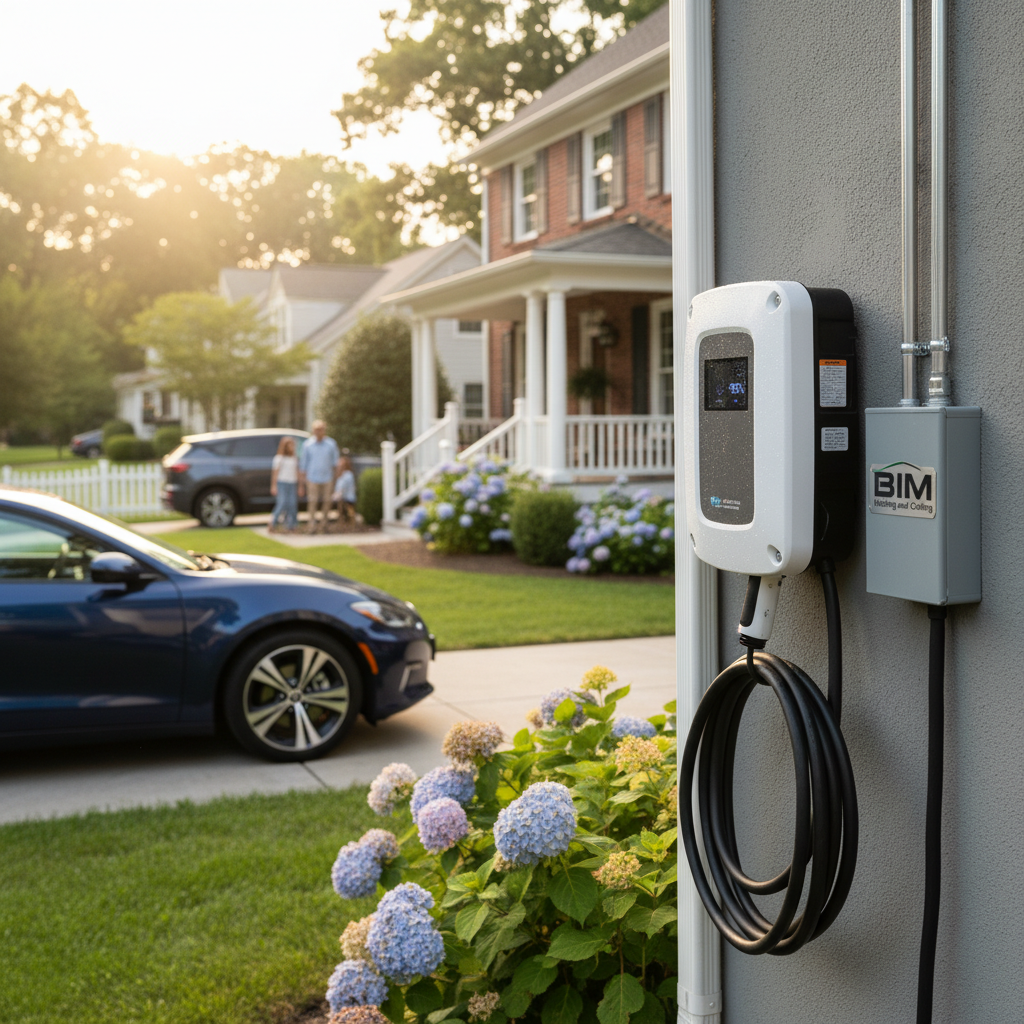 Close-up of a technician performing an outdoor EV charger installation for a Fredericksburg, VA, home.