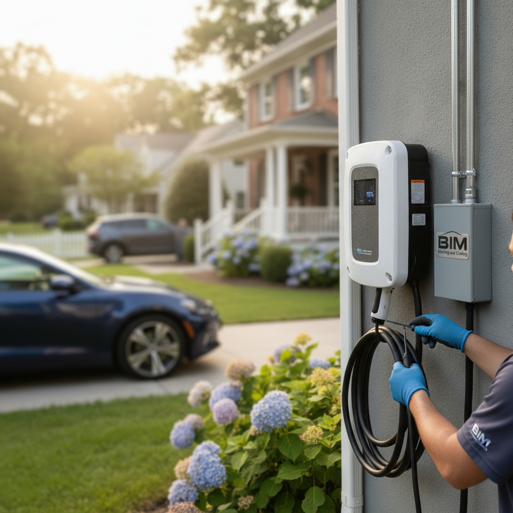Close-up of a technician performing an outdoor EV charger installation for a Fredericksburg, VA, home.