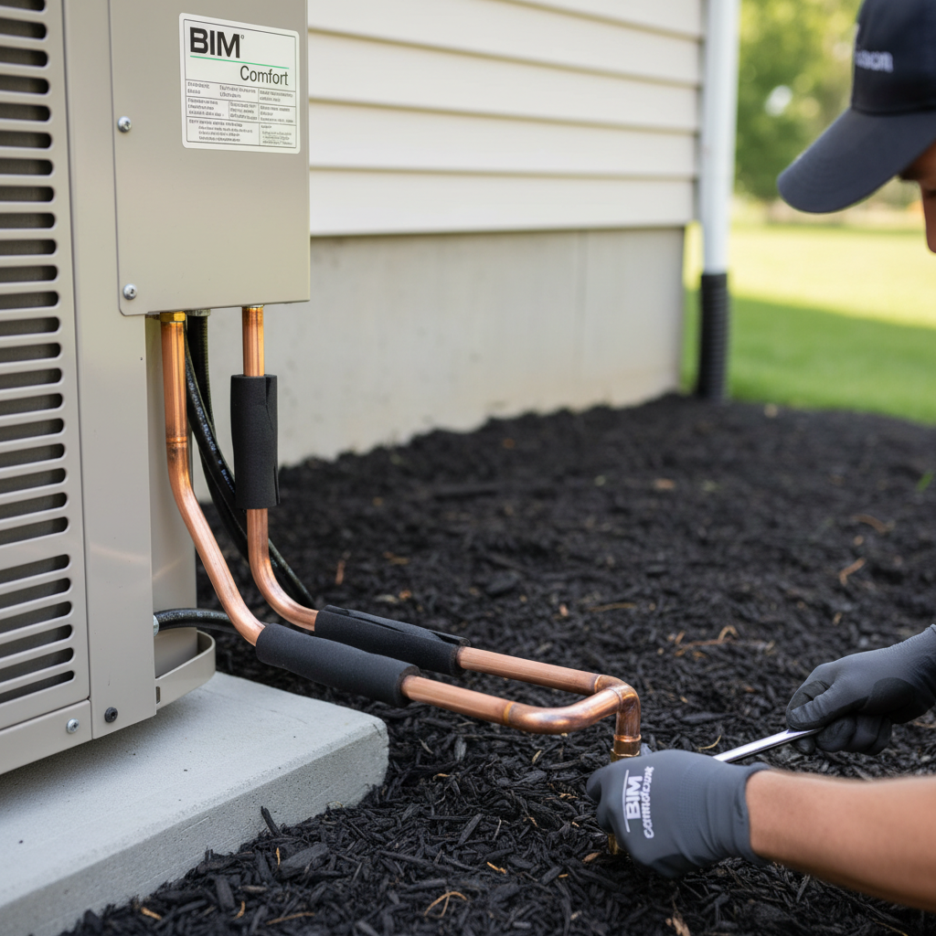 Close-up of a technician performing central AC installation, connecting copper lines for a home in Fredericksburg, VA.