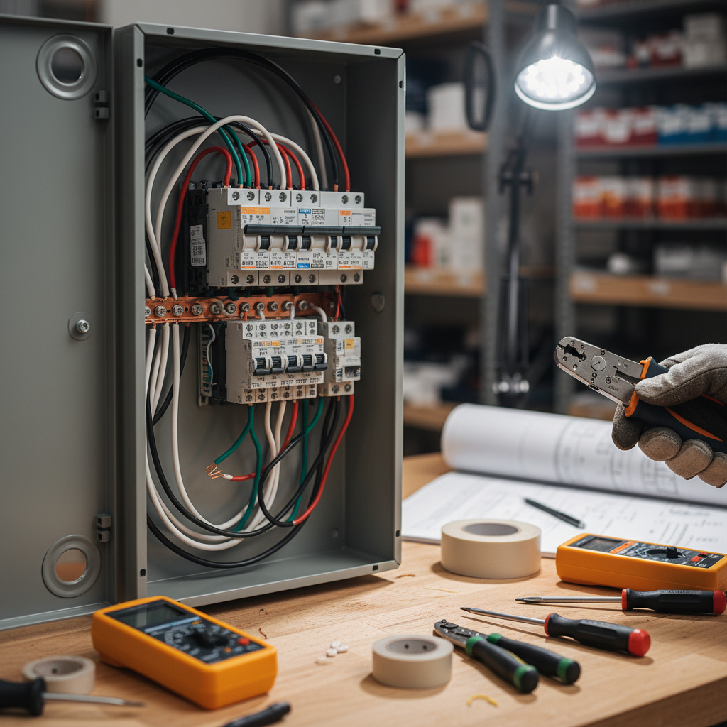 Close-up of a technician performing detailed electrical repair shop work on a breaker box in Fredericksburg, VA.