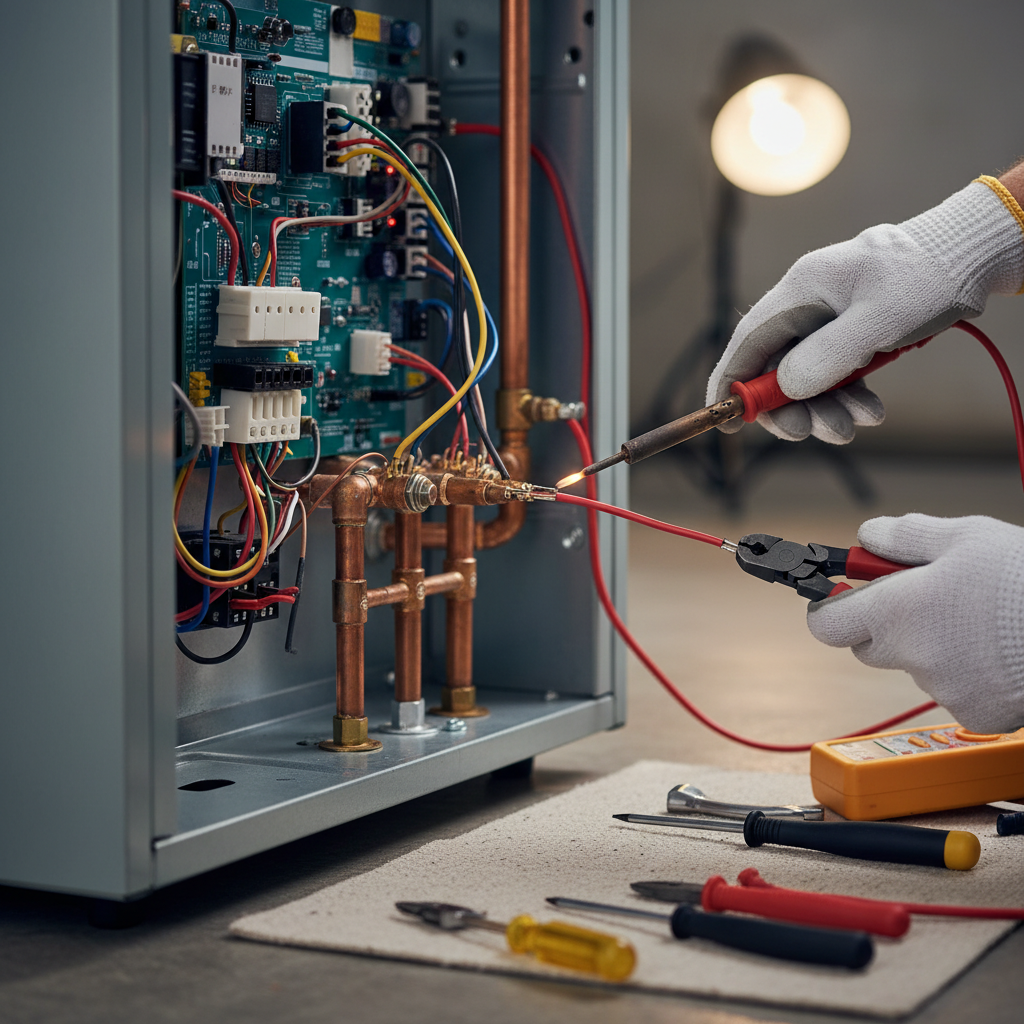 Close-up of a technician performing detailed furnace repair work in Fredericksburg, VA.