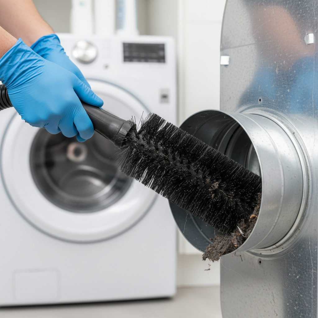 Close-up of a technician performing dryer vent cleaning, removing lint and debris from ductwork in Fredericksburg.