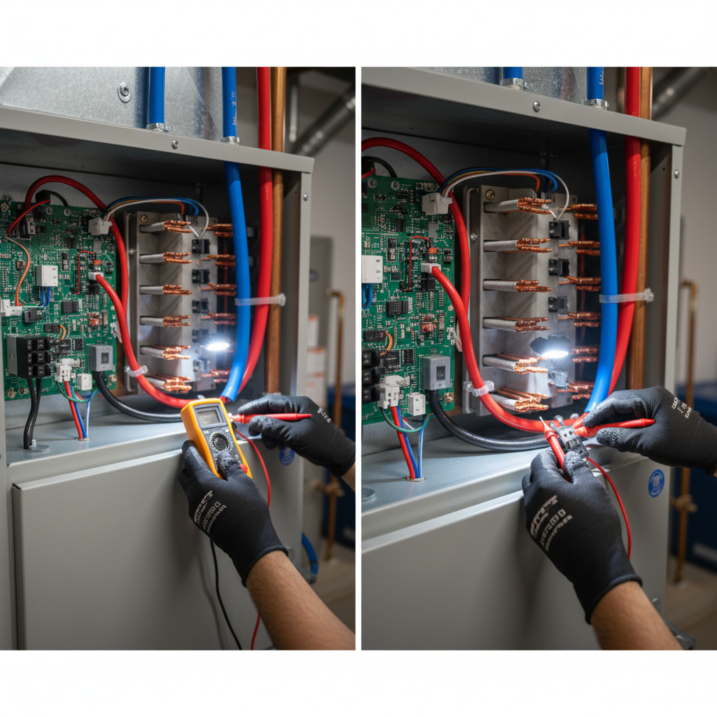 Close-up of a technician performing electric furnace repair, checking wiring and components in Fredericksburg, VA.