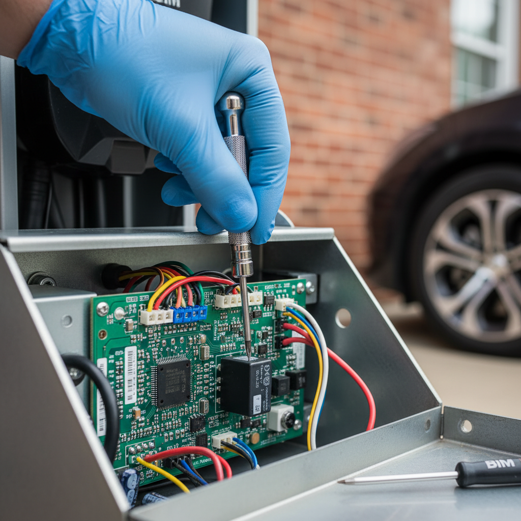 Close-up of a technician performing EV charger repair in Fredericksburg, VA, showing detailed internal components and wiring.