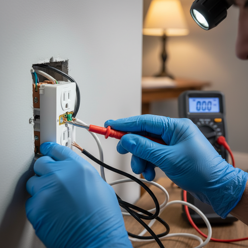 Close-up of a technician performing expert dead outlet repair and wiring in Fredericksburg, VA.
