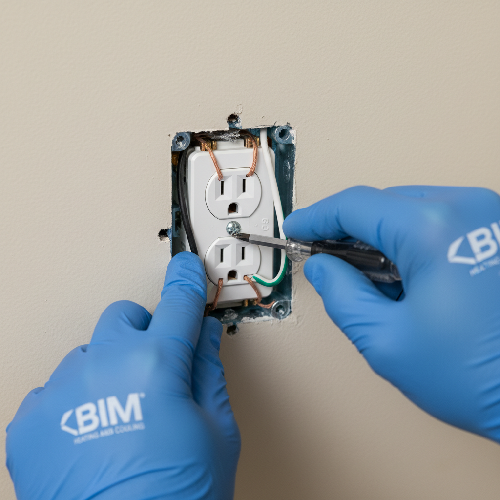 Close-up of a technician performing expert outlet repair work in Fredericksburg, VA.