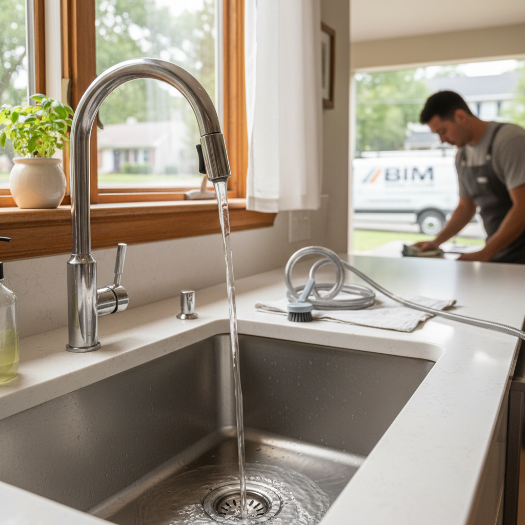 Close-up of a technician performing kitchen drain cleaning with a snake tool in Fredericksburg, VA.
